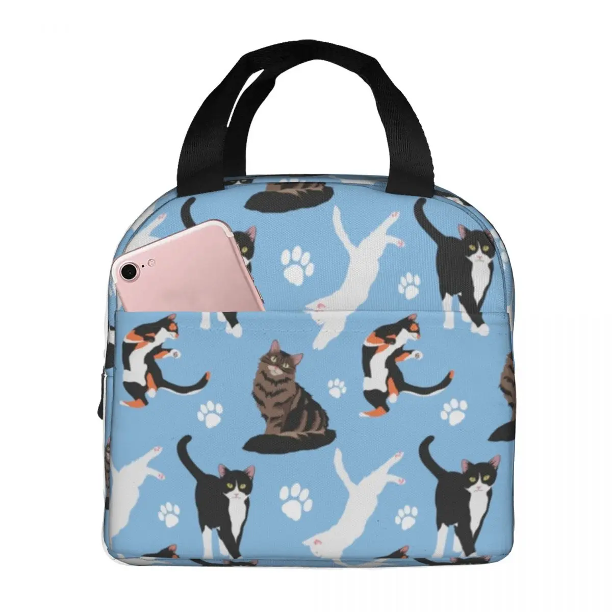 Cat Pattern Lunch Bags Portable Insulated Canvas Cooler Blue Thermal Food School Lunch Box for Women Girl