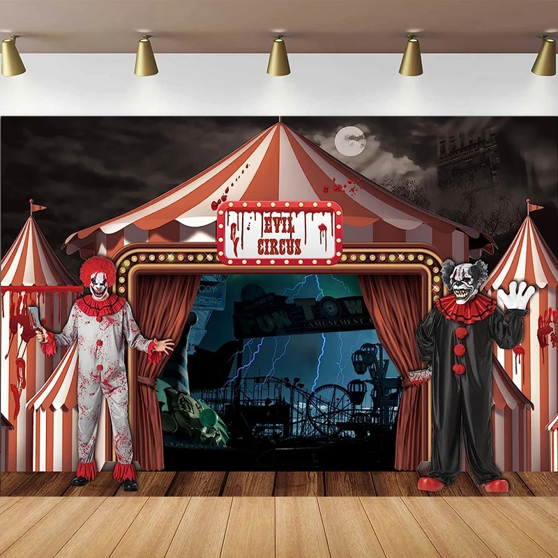 

Horror Circus Photography Backdrop For Scary Halloween Party Decor Haunted House Evil Giant Clown Photo Background Photo Booth