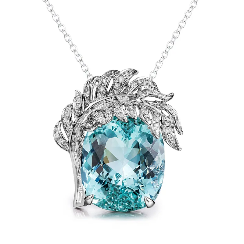 Luxury Big Topaz Zirconia Stone Princess Pendant Necklace for Women White Gold Plated Feather Choker Charm Fashion Jewelry
