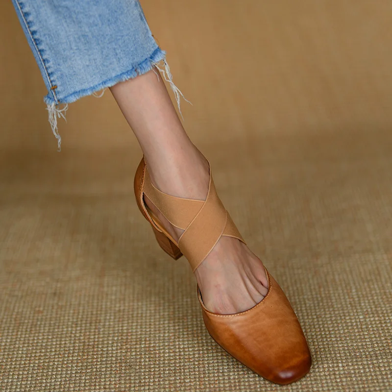 

Women Pumps French Style Cowhide Summer Shoes Cross-Tied Woman Sandals Lady Spring Autum Retro Pumps Thick Heel 6.5 CM Round Toe