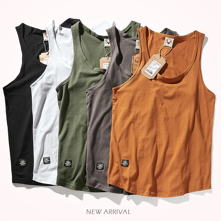 

2022 Summer New American Retro Sleeveless O-neck Solid T-shirt Men's Fashion 100% Cotton Washed Old Casual Sports Vest Tops