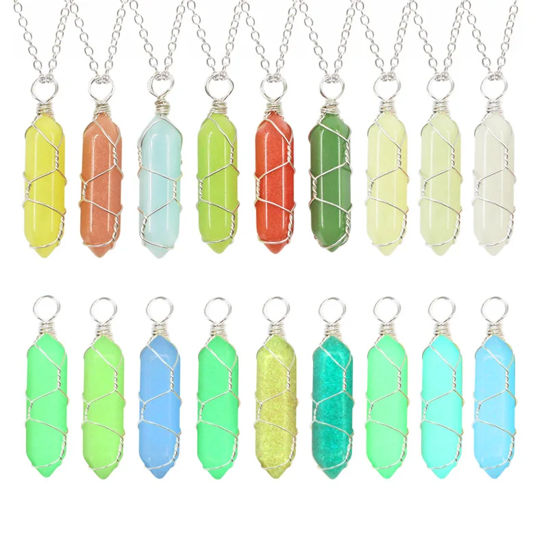 

10pcs Luminous Stone Charms Hexagonal Prism Wire Wrap Glow Light Glass Crystal Pendant for Jewelry Making Necklace Accessories