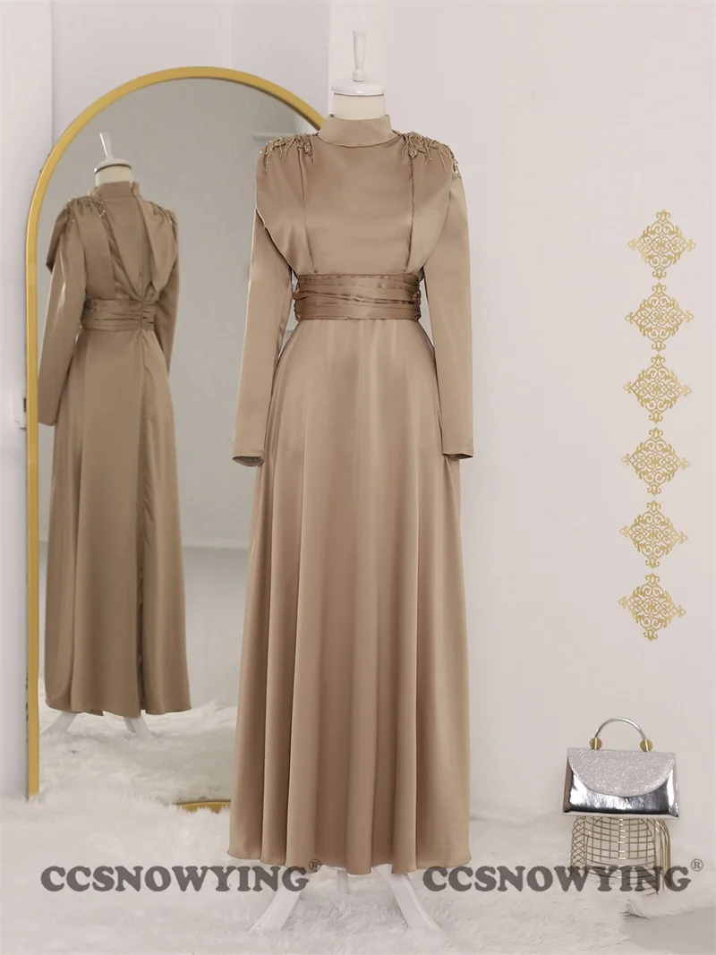 

Мусульманское вечернее платье с длинным рукавом, атласное ТРАПЕЦИЕВИДНОЕ ПЛАТЬЕ С Бисером, хиджаб для выпускного вечера, официальное платье для вечеринки