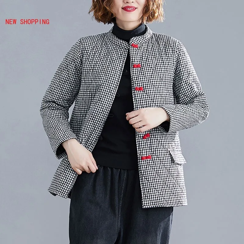 Autumn Winter Women Casual Warm Thicken Cotton Coats New 2022 Vintage Plaid Loose Long Sleeve Short Jackets Parkas Plus Size 5XL