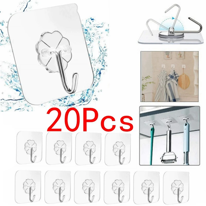 

5/10/20 Pcs Door Hook Adhesive Wall Hooks Transparent Anti-skid Traceless Heavy Duty Stick on Hook Bathroom Kitchen Wall Sticker