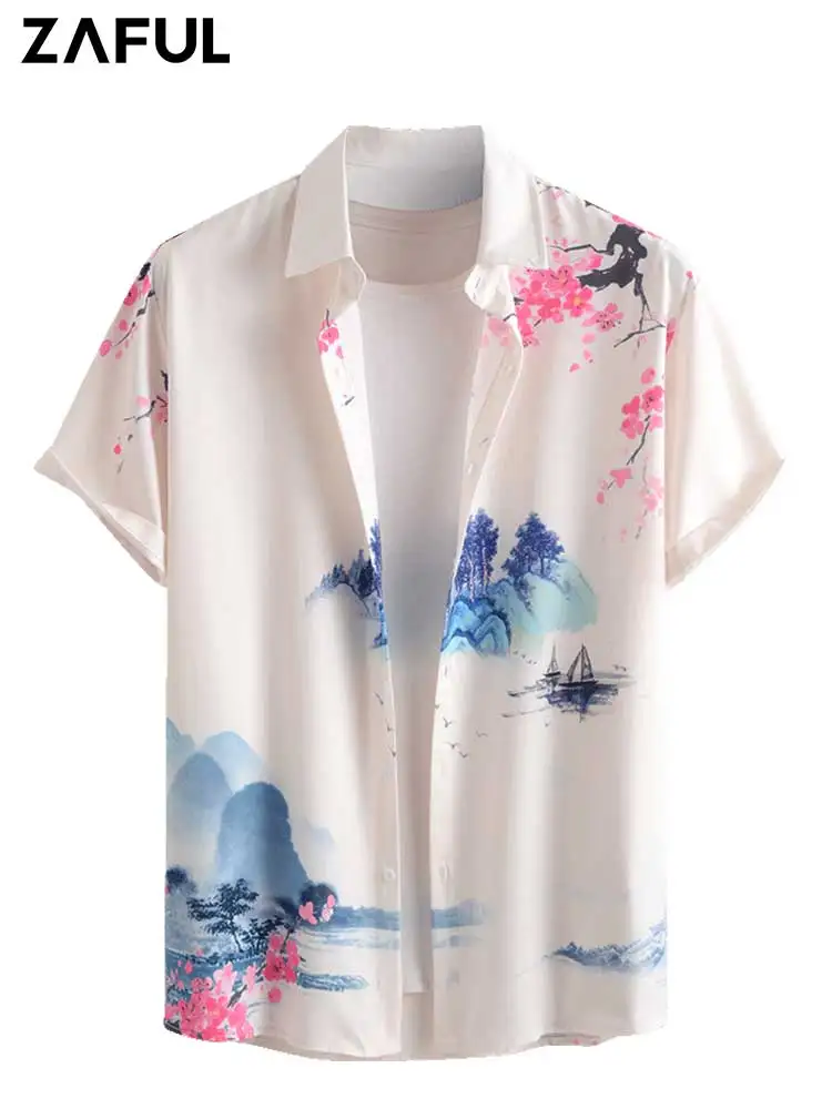 

ZAFUL Landscape Painting Shirts for Men Oriental Short Sleeves Floral Print Shirt Summer Streetwear Tops Chinese Style Z5084696