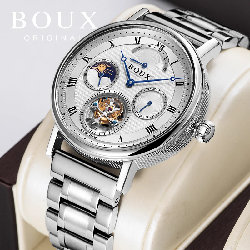 

High-End BOUX Tourbillon Watch Men Calendar Sapphire Dial Mens Seagull ST8007 Movement Mechanical Wristwatches Moon Phase Luxury