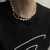 simple stainless steel carabiner pearl stitch necklace mens industrial style design trendy hip hop male necklace jewelry