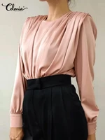 celmia solid pleated shirts 2022 summer sexy satin casual blouses round neck long sleeve women office lady chemise elegant tops