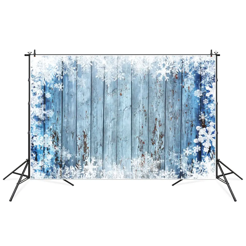 

Retro Wooden Wall Photography Backgrounds Blue Snowflake Decor Strip Slats Floor Backdrops Photographic Portrait Studio Props