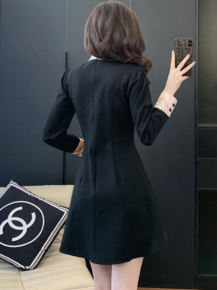 Женское винтажное платье в Корейском стиле Осеннее черное лоскутное короткое с