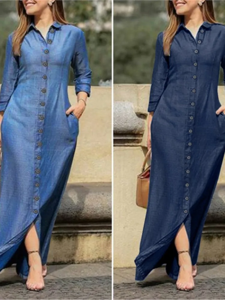 Женское осеннее новое джинсовое платье с воротником-рубашкой джинсовая