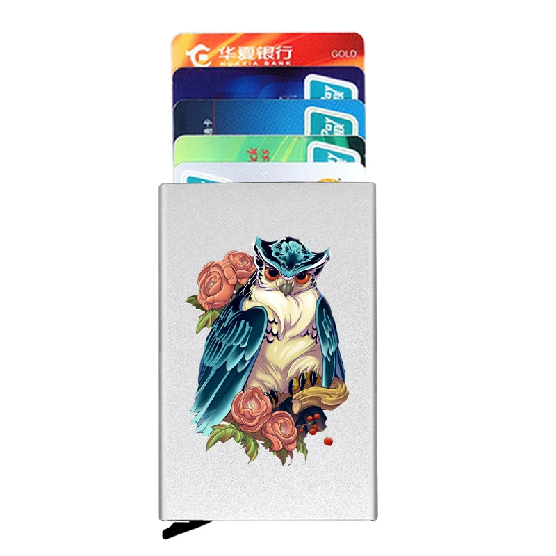 

Anti-theft ID Credit Card Holder Thin Aluminium Metal Wallets Silver Fashion Flower Owl Printing Pocket Case Bank Card Box