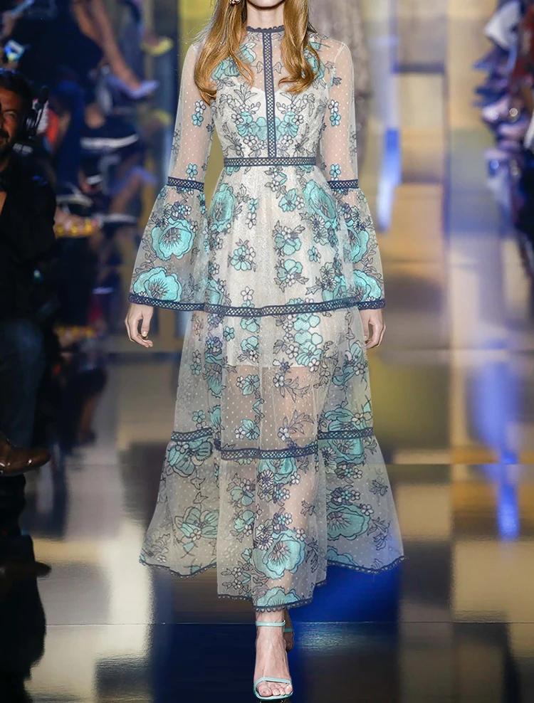 

Qian Han Zi дизайнерское модное Макси платье Летнее женское с расклешенным рукавом тонкое винтажное кружевное с цветочной вышивкой длинное платье