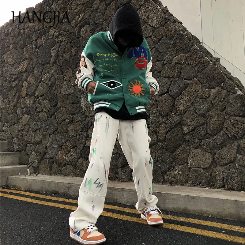 

Vibe Graffiti Micro Flared Jeans Men's Ins Streetwear European and American Ink Splashed Jeans Hip Hop Slim Fit Denim Trousers