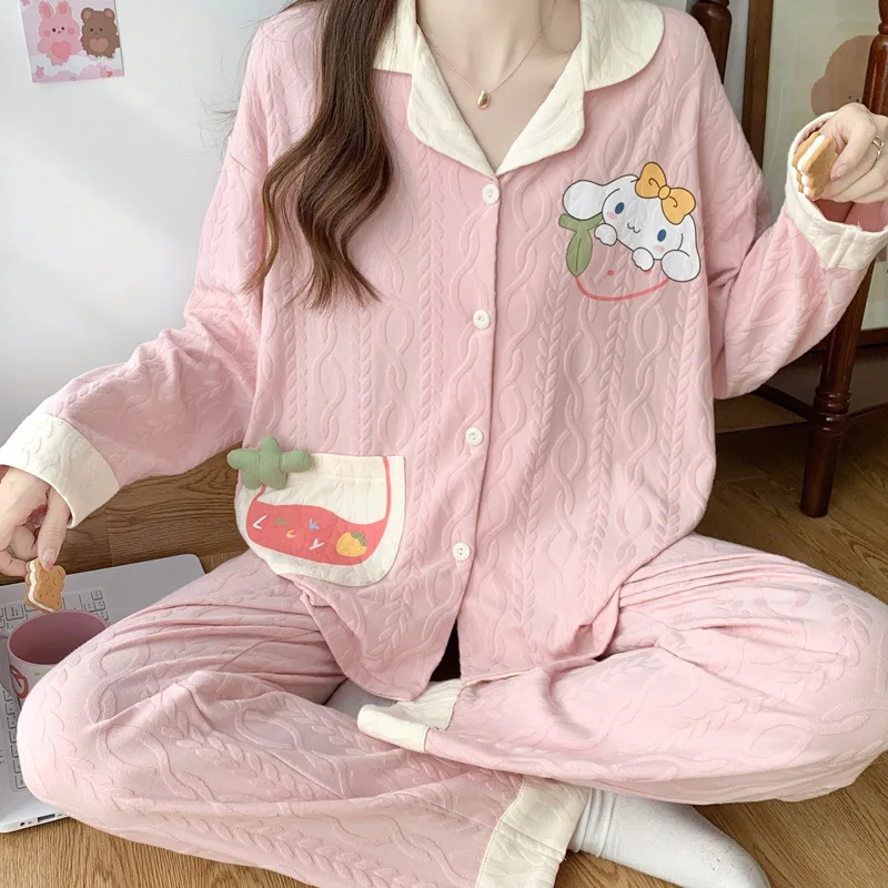 

Anime Kawaii Sanrio Kuromi Cinnamoroll Pachacco Pom Pom Purin Women's Pajamas Y2K Autumn and Winter New Jacquard Cotton Cardigan