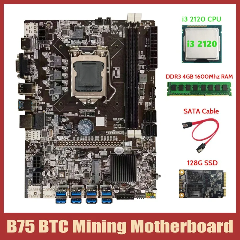 

Материнская плата B75 USB BTC для майнинга + I3 2120 ЦП + DDR3 4 Гб 1600 МГц ОЗУ + 128G MSATA SSD + кабель SATA LGA1155 8xpcie к USB-плате