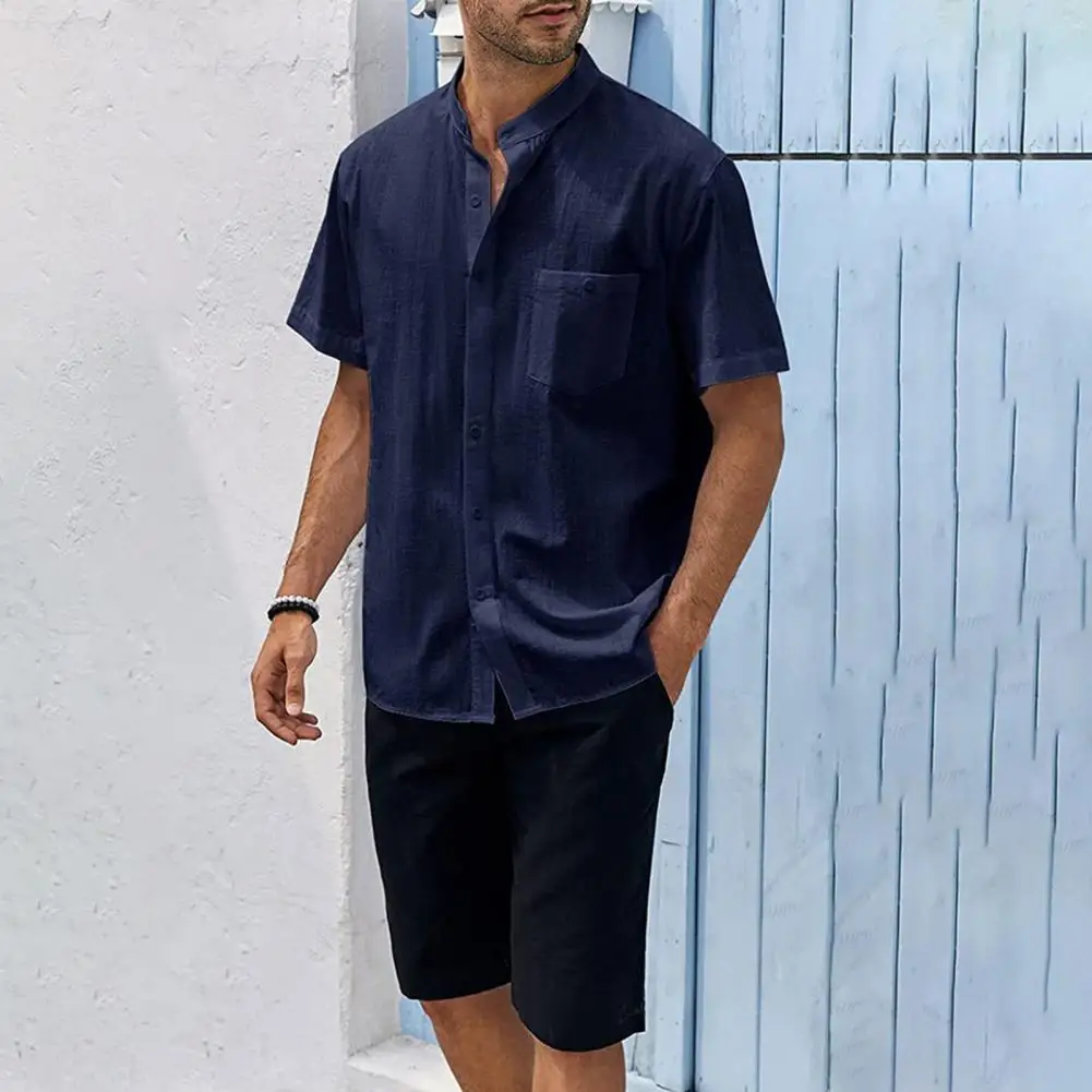 

Рубашка мужская однотонная с воротником-стойкой, повседневная Стильная сорочка с короткими рукавами, однобортная уличная одежда с накладными карманами, лето