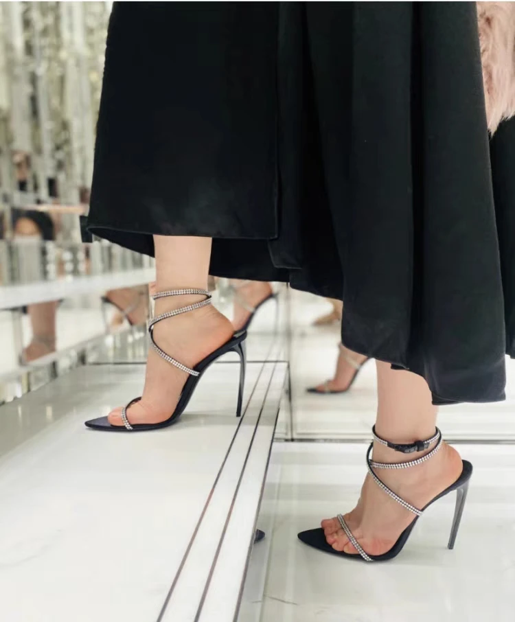 Spring and Summer European and American New Pointed High Heels Rhinestone Cross Strap Black Sexy Fashion Sandals