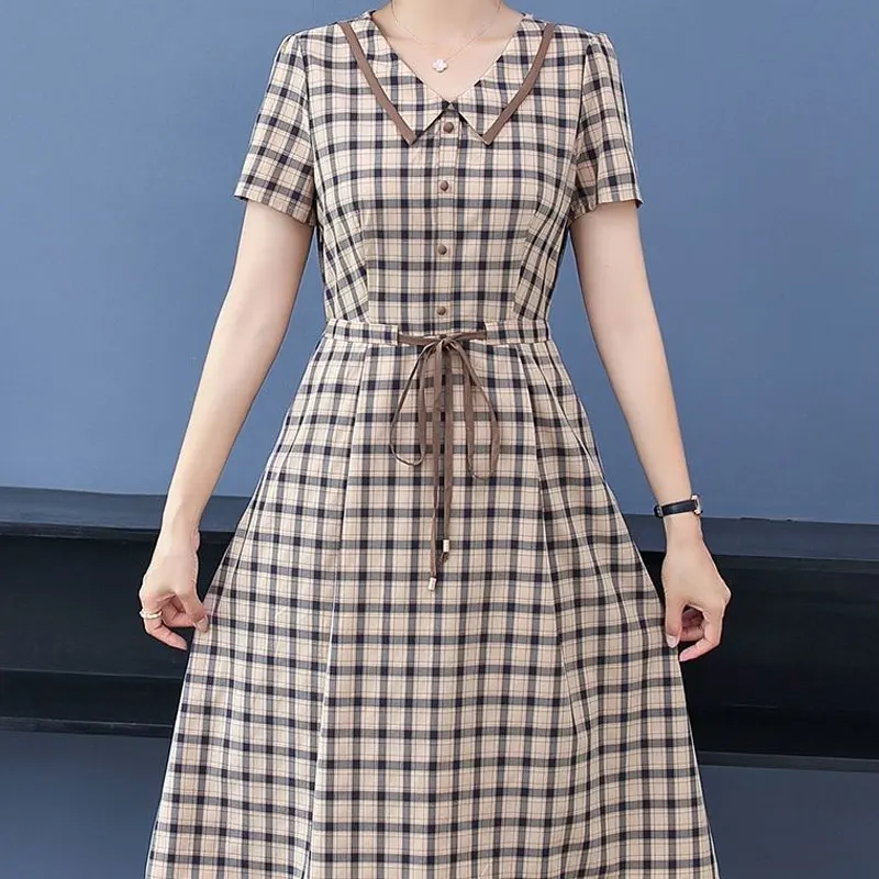 Модные платья на завязках женская одежда клетчатое Повседневное платье миди в