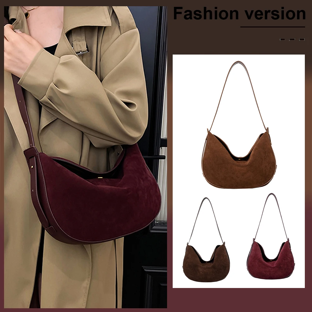 Женская замшевая сумка на плечо однотонная в форме полумесяца через с магнитной