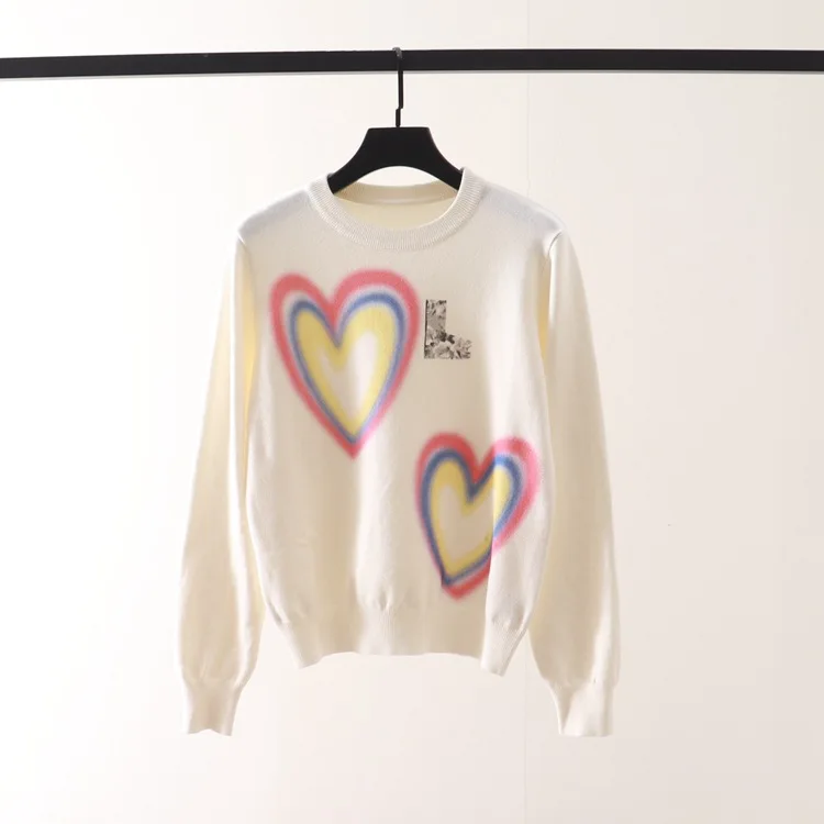 

Женский свитер с длинными рукавами, белый пуловер с разноцветными сердечками, Милый джемпер для осени и зимы, кардиган