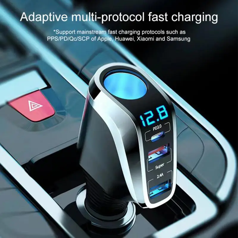 

66w Fast Charged One Drive Three Car Charger Quick Adjustable Car Charger Car Charger Adapter Car Accessories Digital Display
