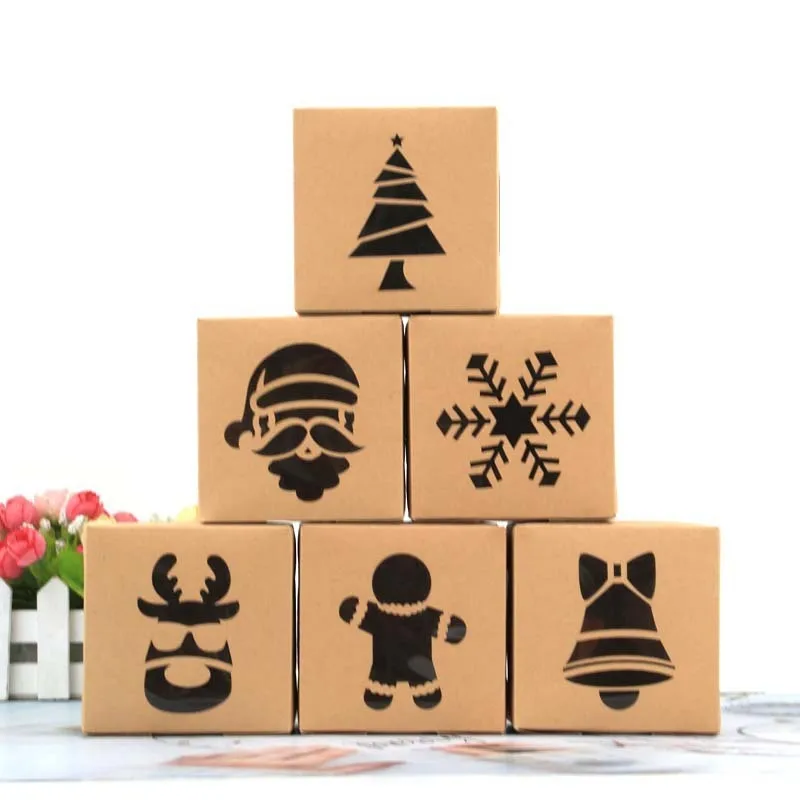 

5 Pcs PVC Christmas Cookie Box Cake Box Kraft Paper Candy Box Window Packaging Bag Party Favor New Year Decoration