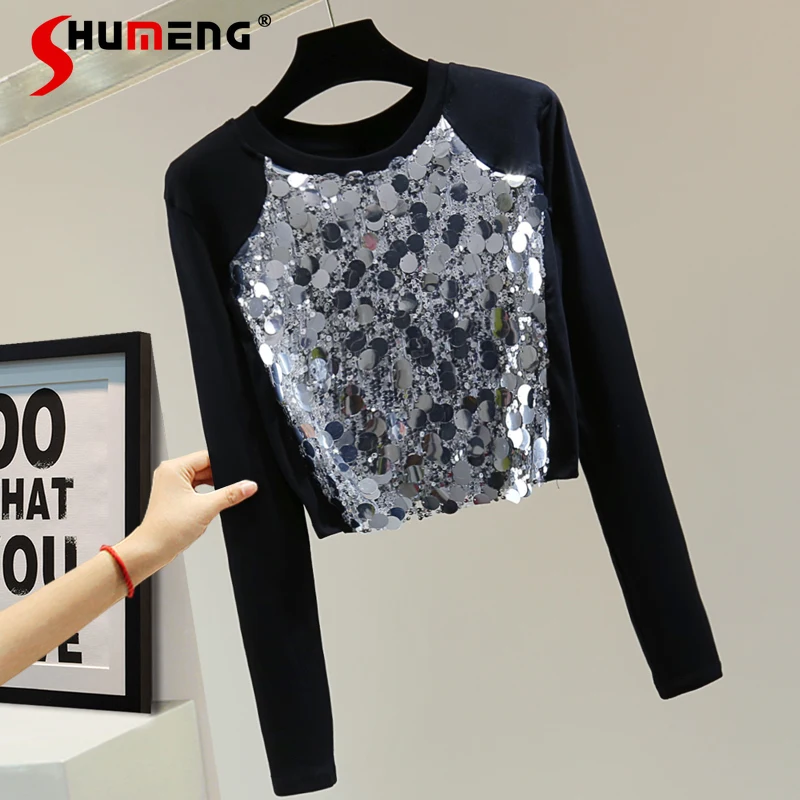 

Contrast Color Elastic Outerwear Bottoming Shirt for Women 2023 New Korean Style High Waist Short Sequined Long Sleeve T-shirt