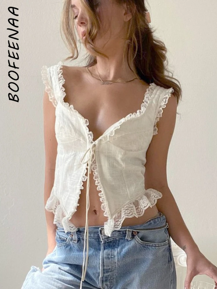 BOOFEENAA-camisetas de algodón con encaje para mujer, ropa de verano con núcleo de hada blanca, Y2k, camiseta sin mangas, C76-DI12