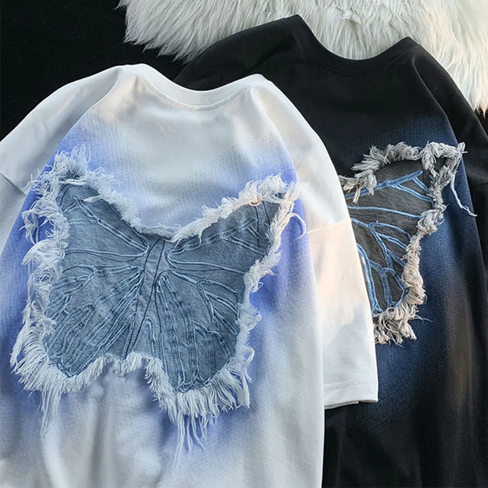 

American High Street Denim Butterfly Patch T-shirt Women's Fashion Summer Couple Half Sleeve Cotton Top Female Loose Casual Tees