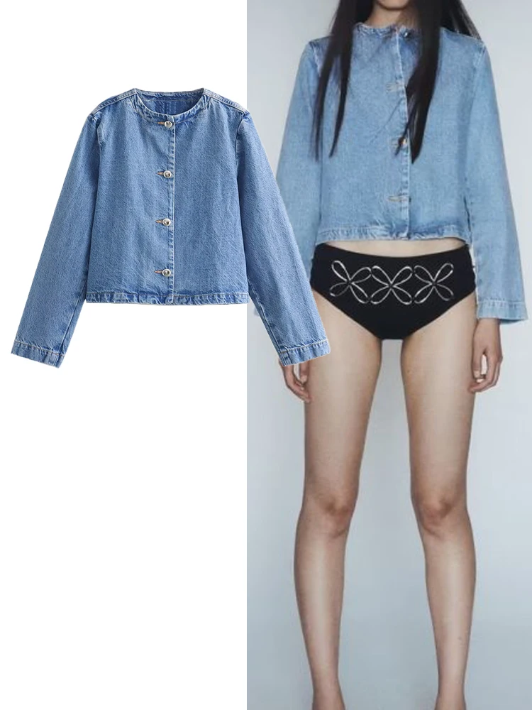 Куртка женская джинсовая короткая однобортная с длинным рукавом и круглым вырезом