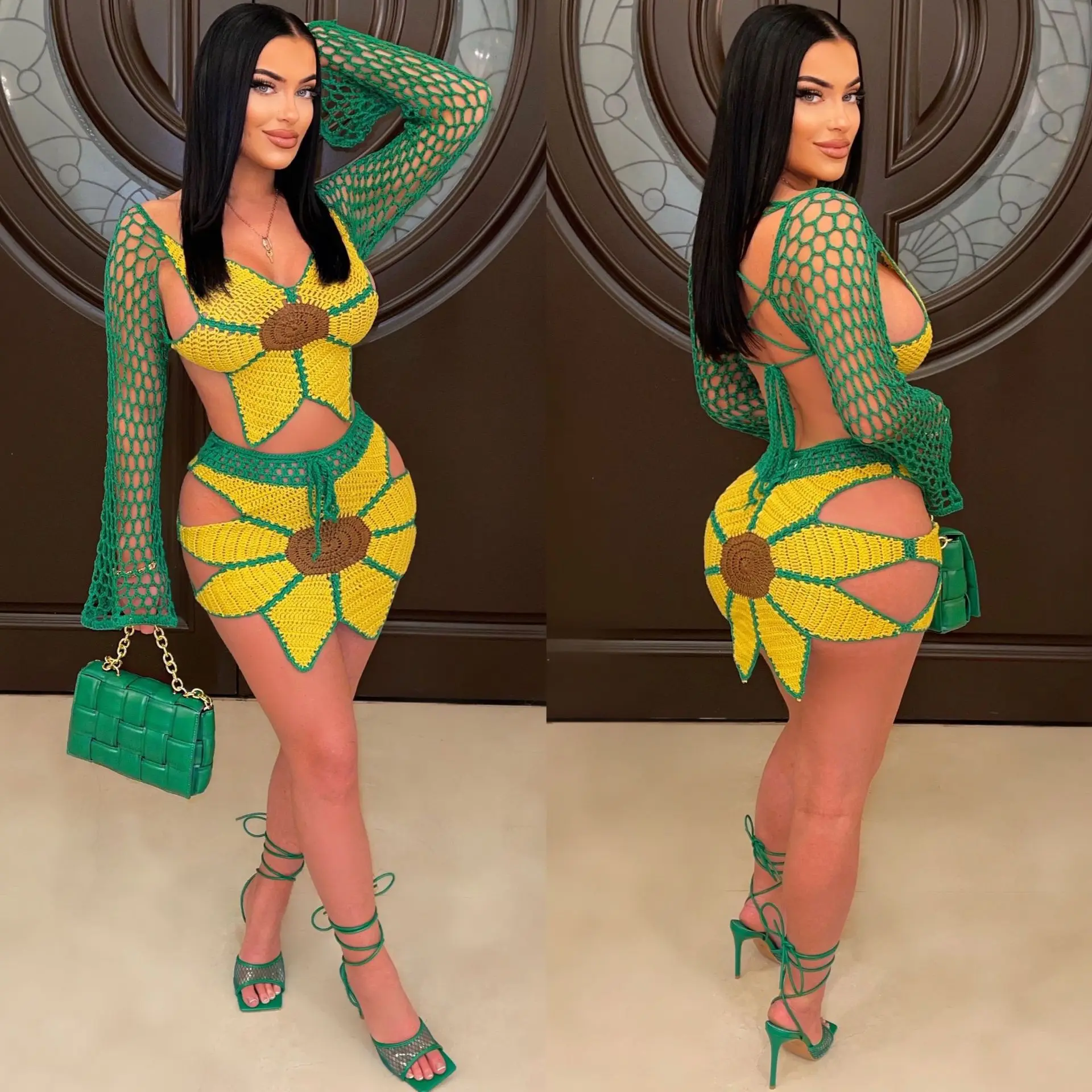 

Sexy Crochet Hollow Out 2 Piece Skirt Set Summer Women Floral Crop Tops Elegant Knitted Mini Dress Two Piece Set Luxury Outfit