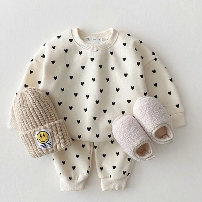 

2022 Spring Baby Clothing Set Full Heart Boys Hoodie Suit Toddler Girls Clothes Set
