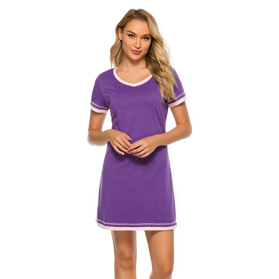 Spring and Summer New Nightdress Comfortable Round Neck Loose Contrast Color Cotton Short-sleeved Home Service Night Dress