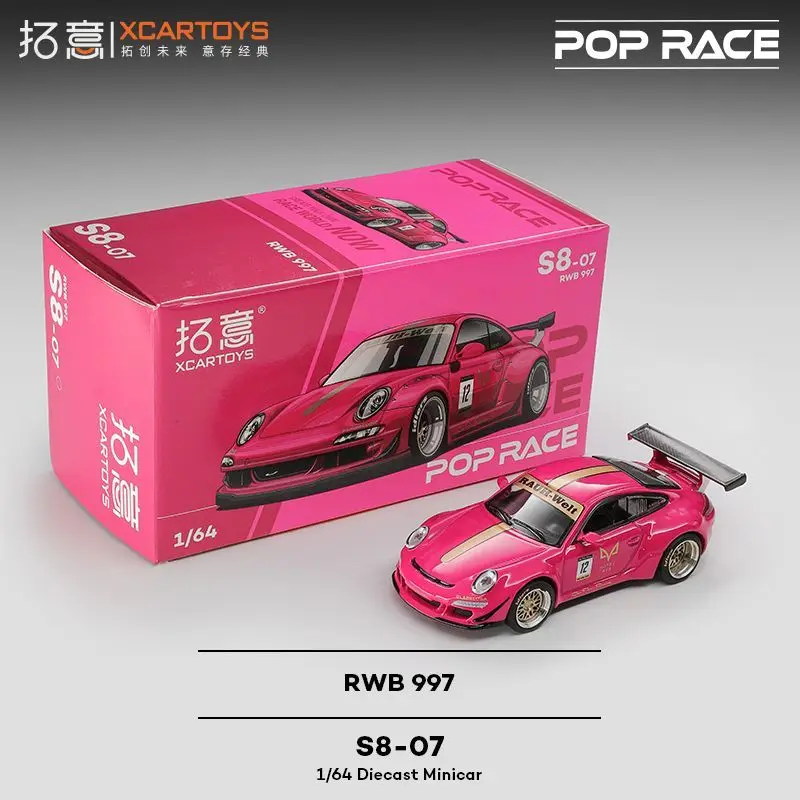 Фото Модель гоночного автомобиля POP RACE Porsche RWB997 рубинового цвета, масштаб 1/64, имитация сплавного кузова, сувенир. №1