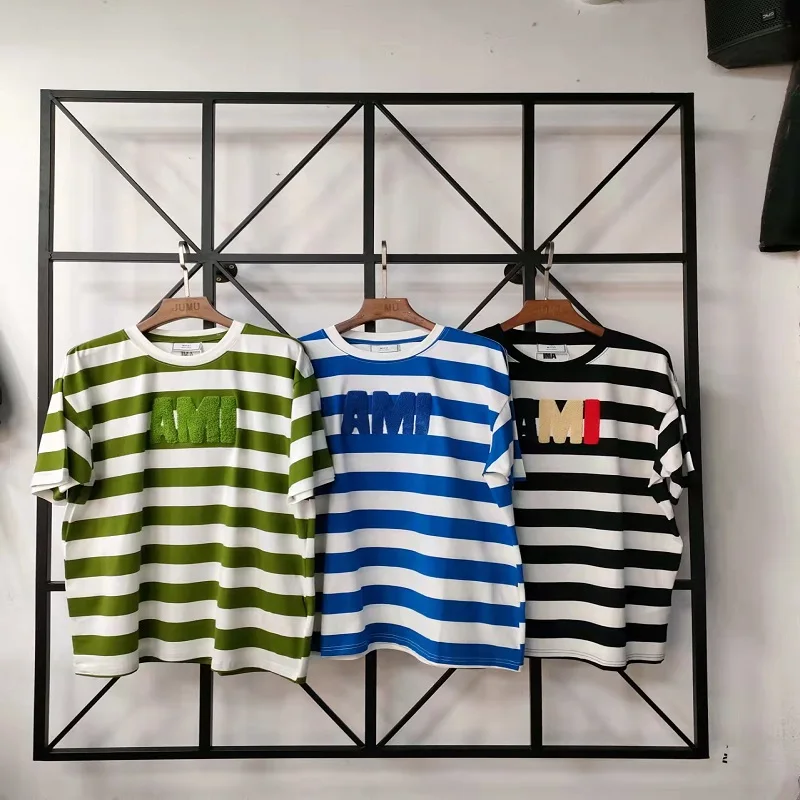 

Ami Summer 2022 New Embroidered Men's T-shirt Ropa Hombre Loose And Comfortable Stripes High Street O-Collar Men's Short Sleeves