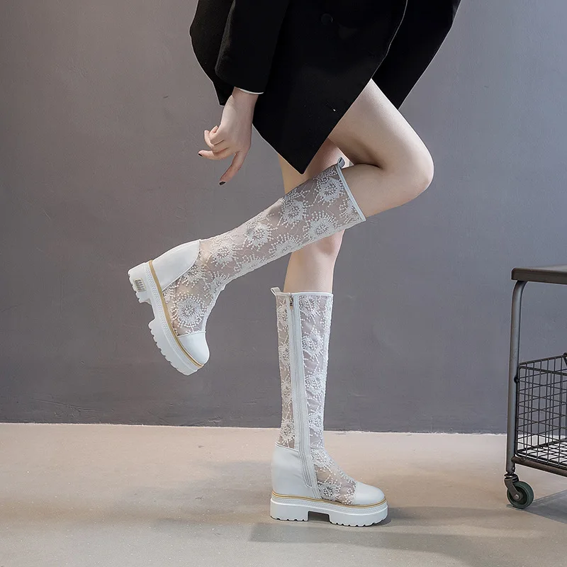 

Summer Women High Boots Long and Tube-shaped Embroidered Black Boots Mesh Thick Soles Fashion Female Platform Shoes New 2023