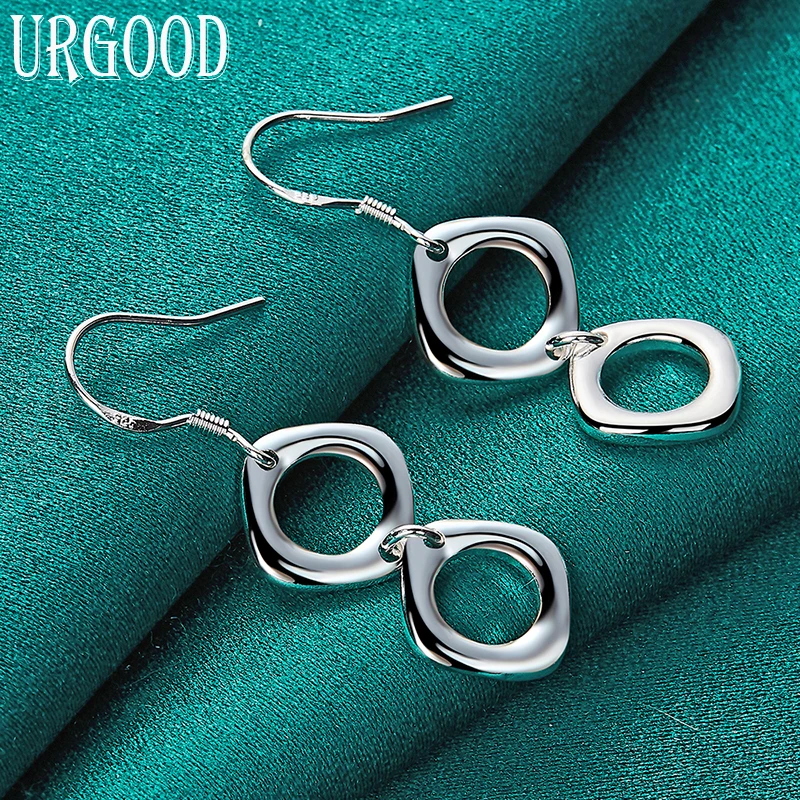 

925 Sterling Silver Two Square Circles Drop Earrings For Women Party Engagement Wedding Fashion Jewelry Gift