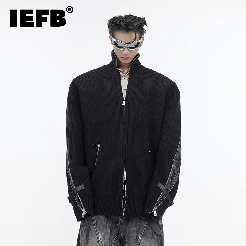 

IEFB Men's High Neck Sweater Niche Design Knitted Belt Buckle Splicing Pullovers 2023 Male Tops Autumn New Man Clothing 24X1713