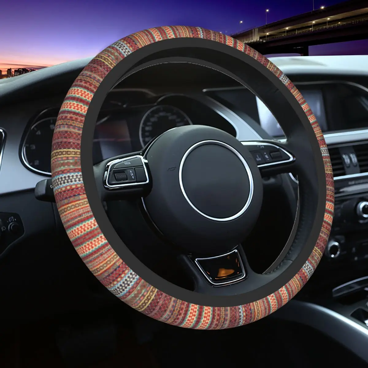 

Boho Southwest Persian Rug Print Steering Wheel Cover Bohemian Stripe Steering Wheel Protector Fit 14.5-15 Inch Car Accessories