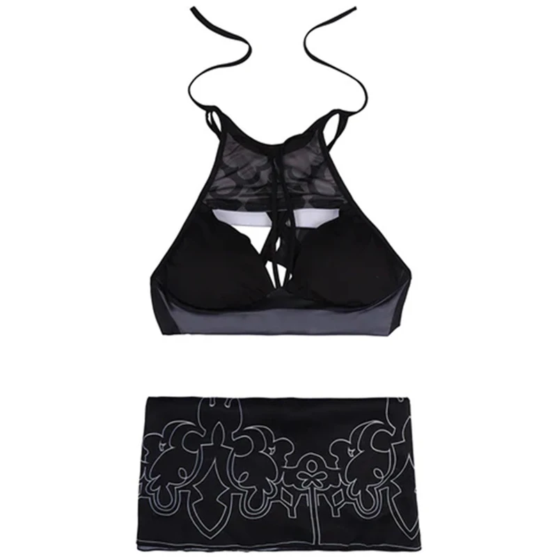 Anime Game Nier Automata Yorha 2B Cosplay Costume Sexy Hollow Two Piece Bikini Swimsuit Halter Neck Swimwear Bathing Suit Set