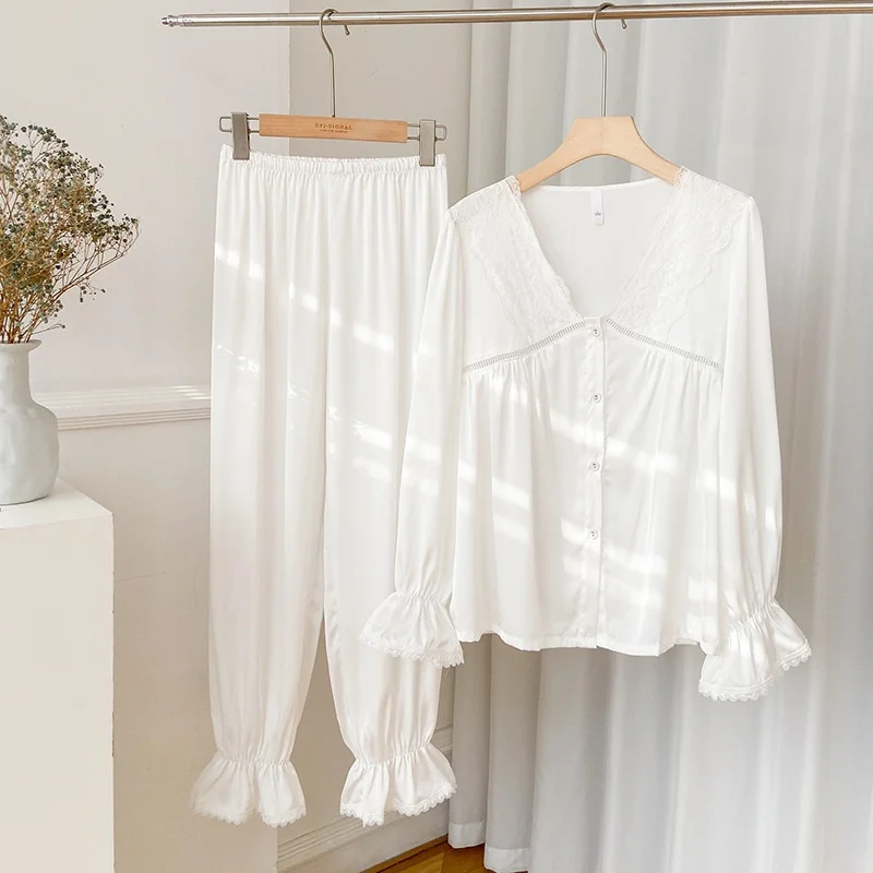 

Lace Sweet Women Pajama Set Long Sleeve Suit Pyjamas Ice Silk Sleepwear