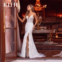 jeheth sexy spaghetti straps v neck tulle mermaid wedding dresses bohemian side split lace backless bridal gowns robe de mari%c3%a9e