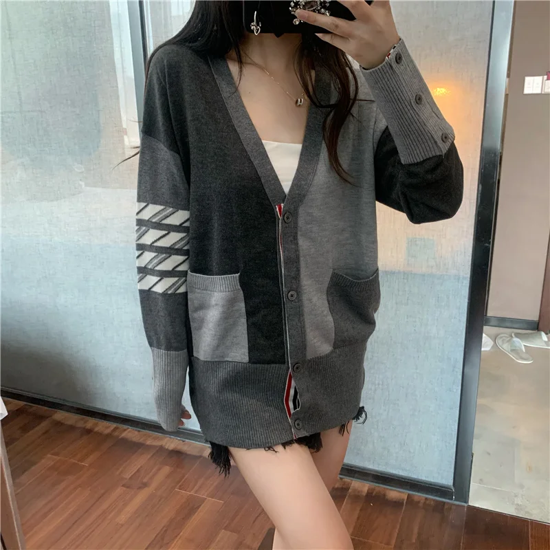 Tb Classic Knitted Cardigan Spring and Autumn New Coat Wool V-neck Loose Korean Style 4-way Bar Color Contrast Sweater Coat