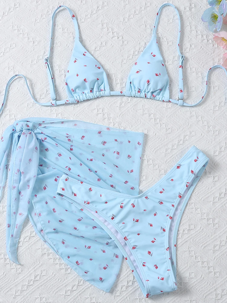 Купальник-бикини женский сетчатый с цветочным принтом 3 предмета | Женская одежда