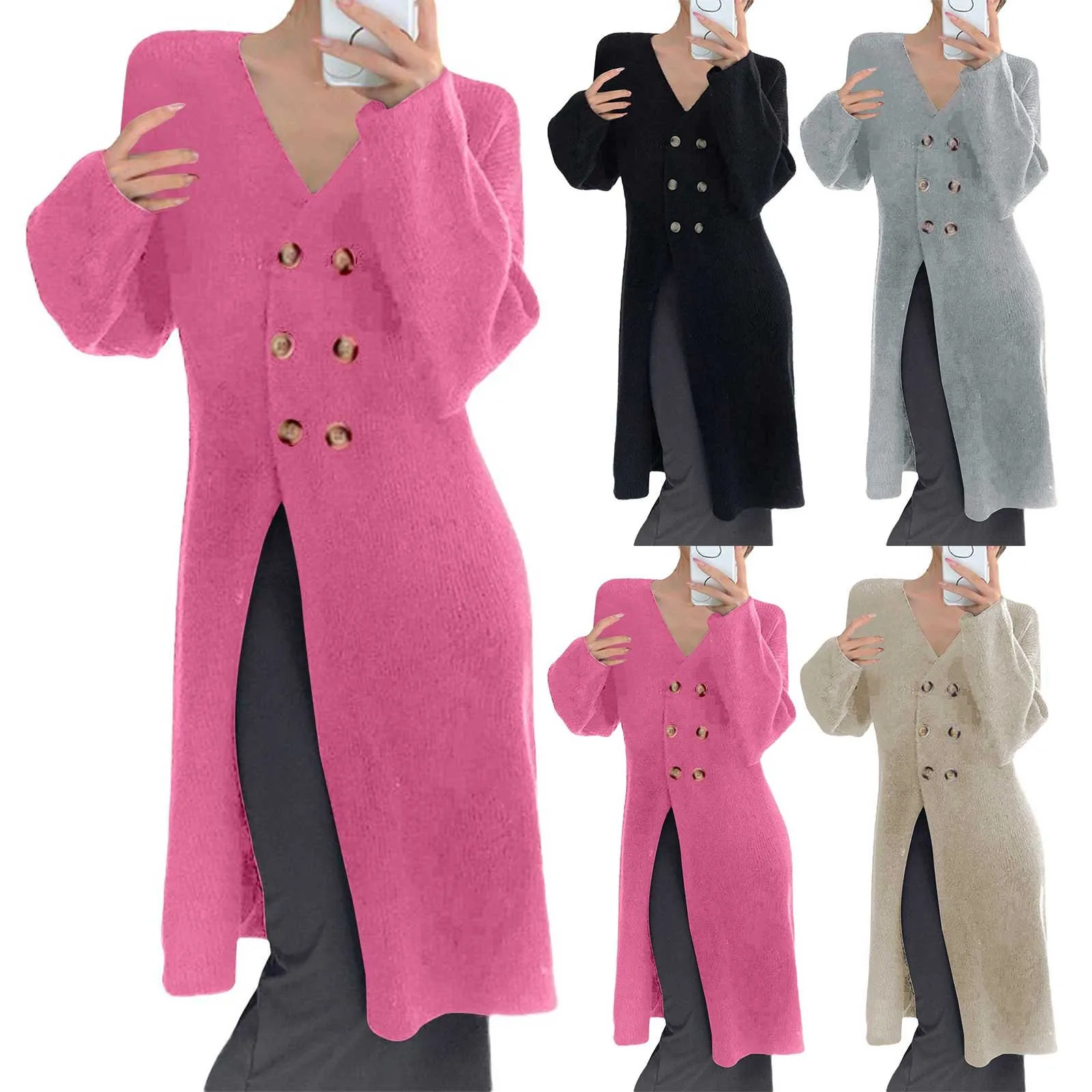 

Женское двубортное шерстяное пальто с V-образным вырезом, вязаный кардиган, длинный свитер с прямыми штанинами, пальто
