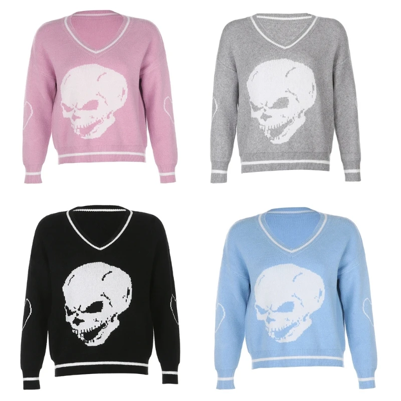 

Women V-Neck Knit Long Sleeve Jumper Top Skull Print Oversize Sweater Streetwear