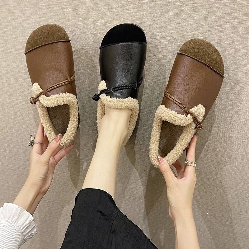 

Туфли женские на плоской подошве, меховые кроссовки без застежки, круглый носок, классические, ретро Мокасины, без застежки, Повседневная зимняя обувь