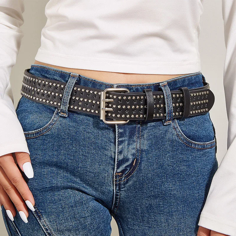 New Punk Rivet Star Porous Personality Male And Female Universal Belt High Quality PU Leather Belt Versatile Jeans Skirt Belt